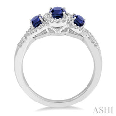 6X4&5x3 MM Oval Shape Triple Sapphire Precious Stone and 1/4 Ctw Round Cut Diamond Ring in 14K White Gold