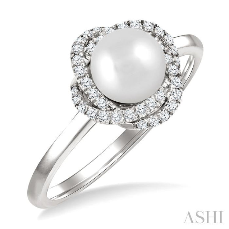 6 MM Cultured Pearl and 1/6 Ctw Round Cut Diamond Petite Fashion Ring in 10K White Gold