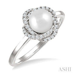 6 MM Cultured Pearl and 1/6 Ctw Round Cut Diamond Petite Fashion Ring in 10K White Gold