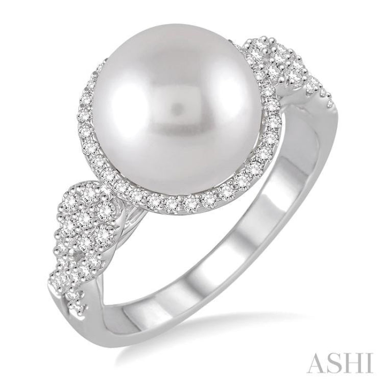 10 MM Cultured Pearl and 3/8 ctw Round Cut Diamond Ring in 14K White Gold
