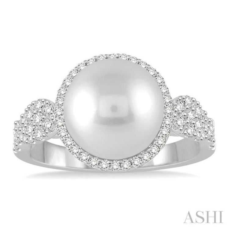 10 MM Cultured Pearl and 3/8 Ctw Round Cut Diamond Ring in 14K White Gold