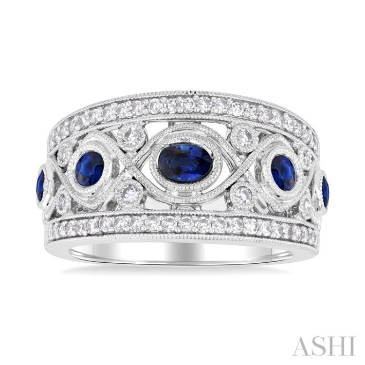 4x3 MM Oval, 2.8 MM and 2.4 MM Round Cut Sapphire and 3/8 ctw Criss-Cross Framework Single Cut Diamond Precious Band in 14K White Gold