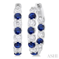 3.1 MM Sapphire and 1 5/8 ctw Round Cut Inside-Out Diamond Precious Hoop Earrings in 14K White Gold