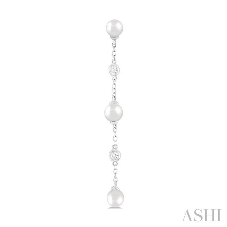 4 MM Round Shape Cultured Pearl and 1/20 Ctw Round Cut Diamond Station Long Earrings in 14K White Gold