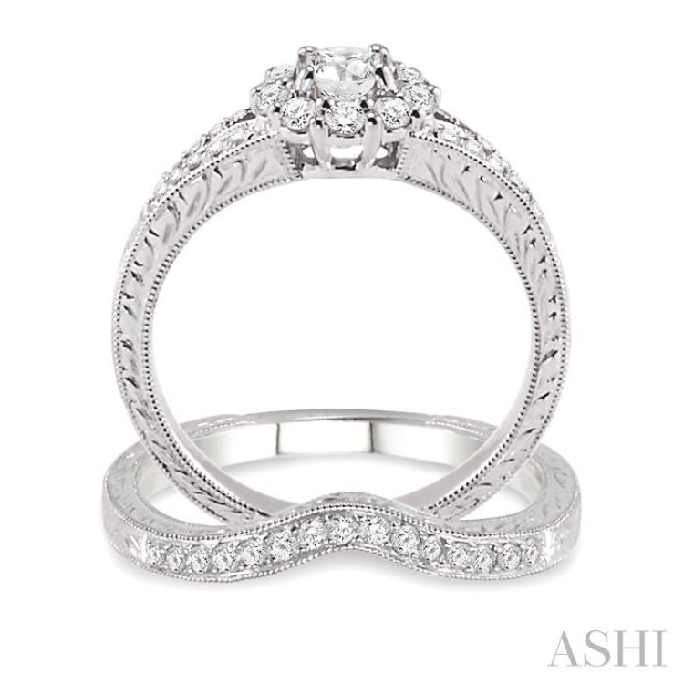 3/4 Ctw Diamond Wedding Set with 5/8 Ctw Round Cut Engagement Ring and 1/6 Ctw Wedding Band in 14K White Gold