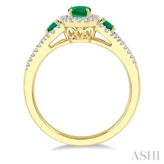 6x4 MM & 5x3 MM Triple Oval Shape Emerald and 1/5 Ctw Round Cut Diamond Precious Ring in 10K Yellow Gold