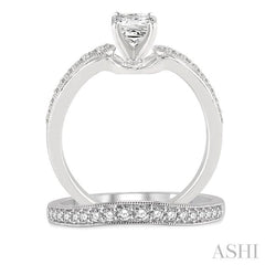 3/4 ctw Diamond Wedding Set with 5/8 ctw Princess Cut Engagement Ring and 1/5 ctw Wedding Band in 14K White Gold