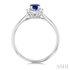 6x4 MM Oval Cut Sapphire and 1/5 ctw Baguette & Round Cut Diamond Hexagon Shape Halo Precious Ring in 10K White Gold