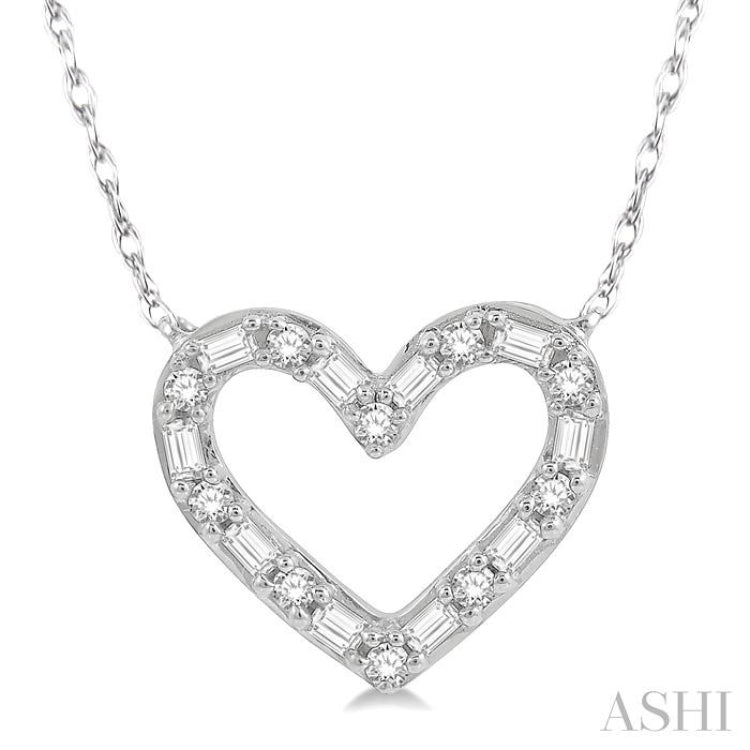 1/4 Ctw Heart Charm Baguette and Round Cut Diamond Pendant With Chain in 14K White Gold