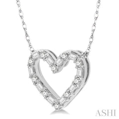 1/4 Ctw Heart Charm Baguette and Round Cut Diamond Pendant With Chain in 14K White Gold