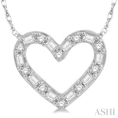 1/4 Ctw Heart Charm Baguette and Round Cut Diamond Pendant With Chain in 14K White Gold