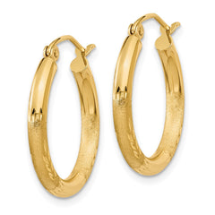 14k 2.5x20mm Satin Diamond-cut Round Tube Hoop Earrings