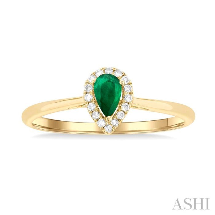 5x3 MM Pear Shape Emerald and 1/20 Ctw Single Cut Diamond Halo Precious Ring in 10K Yellow Gold