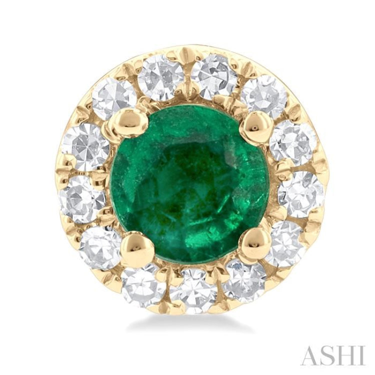 3.25 MM Round Emerald and 1/10 Ctw Single Cut Diamond Halo Precious Stud Earrings in 10K Yellow Gold