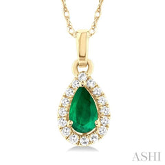 5x3 MM Pear Shape Emerald and 1/20 Ctw Single Cut Diamond Halo Precious Pendant with Chain in 10K Yellow Gold