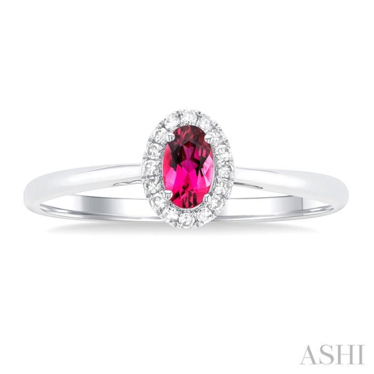 5x3 MM Oval Shape Pink Tourmaline and 1/20 Ctw Single Cut Diamond Halo Semi-Precious Ring in 10K White Gold