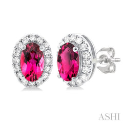 5x3 MM Oval Shape Pink Tourmaline and 1/8 Ctw Single Cut Diamond Halo Semi-Precious Stud Earrings in 14K White Gold