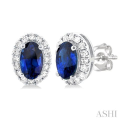 5x3 MM Oval Shape Sapphire and 1/8 Ctw Single Cut Diamond Halo Precious Stud Earrings in 10K White Gold