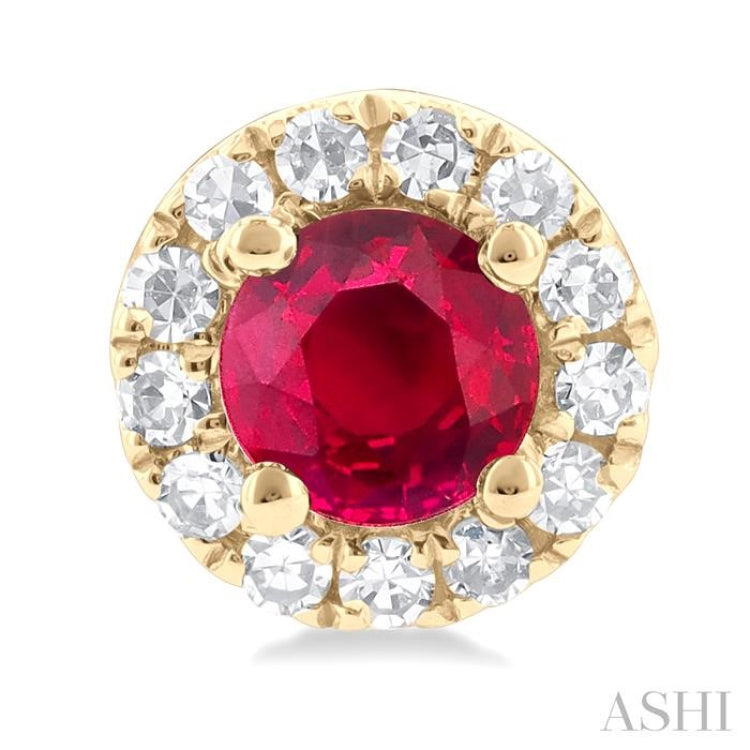 3.25 MM Round Ruby and 1/10 Ctw Single Cut Diamond Halo Precious Stud Earrings in 10K Yellow Gold