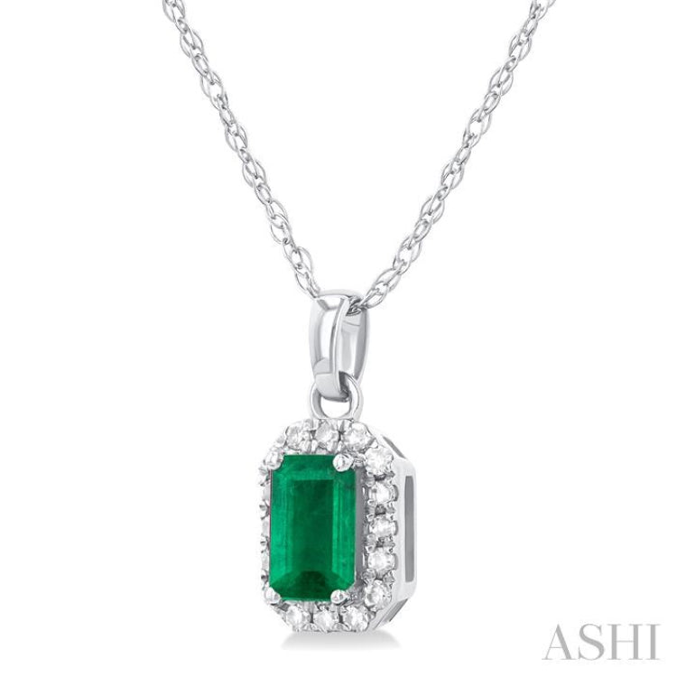 5x3 MM Octagonal Shape Emerald and 1/20 Ctw Single Cut Diamond Halo Precious Pendant with Chain in 10K White Gold
