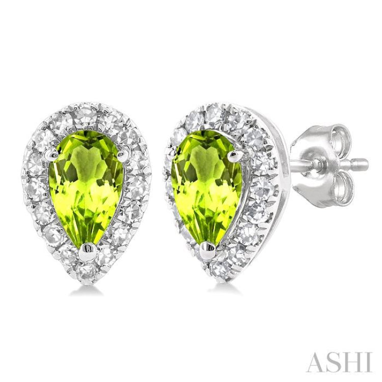 5x3 MM Pear Shape Peridot and 1/8 Ctw Single Cut Diamond Halo Semi-Precious Stud Earrings in 10K White Gold