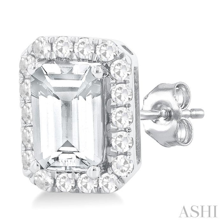 6x4 MM Octagonal Shape White Topaz and 1/4 Ctw Round Cut Diamond Halo Semi-Precious Stud Earrings in 14K White Gold