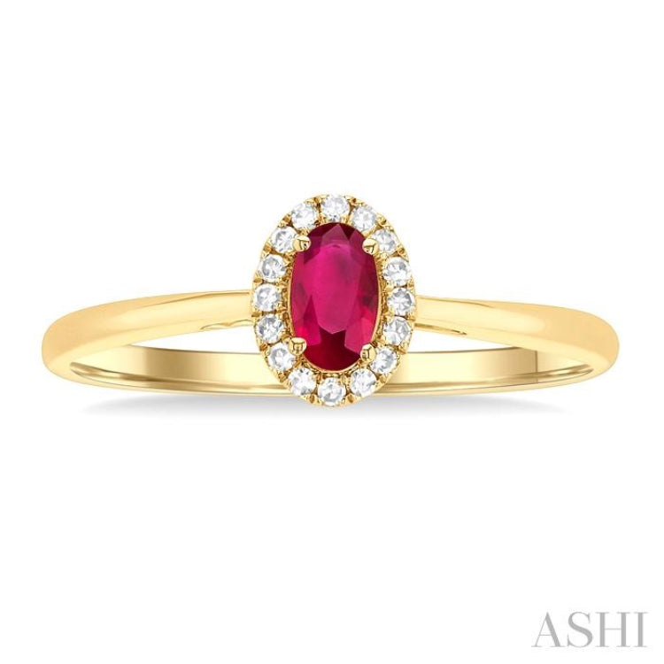 5x3 MM Oval Shape Ruby and 1/20 Ctw Single Cut Diamond Halo Precious Ring in 10K Yellow Gold