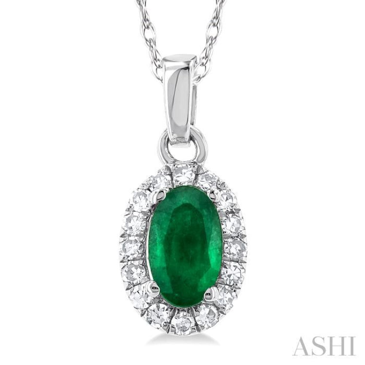 5x3 MM Oval Shape Emerald and 1/20 Ctw Single Cut Diamond Halo Precious Pendant with Chain in 14K White Gold