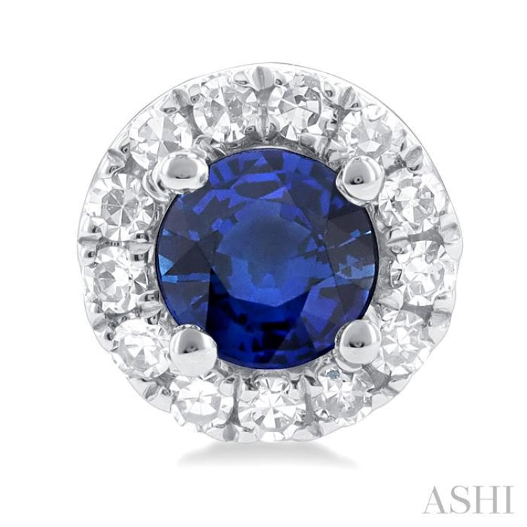 3.25 MM Round Sapphire and 1/10 Ctw Single Cut Diamond Halo Precious Stud Earrings in 10K White Gold