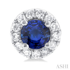3.25 MM Round Sapphire and 1/10 Ctw Single Cut Diamond Halo Precious Stud Earrings in 10K White Gold