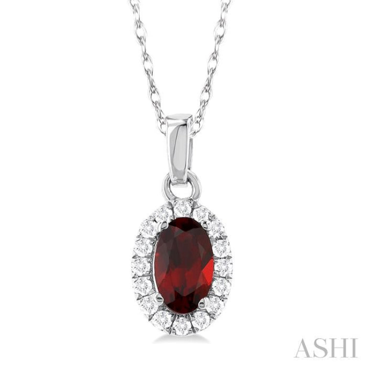 5x3 MM Oval Shape Garnet and 1/20 Ctw Single Cut Diamond Halo Semi-Precious Pendant with Chain in 10K White Gold