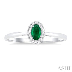 5x3 MM Oval Shape Emerald and 1/20 Ctw Single Cut Diamond Halo Precious Ring in 14K White Gold