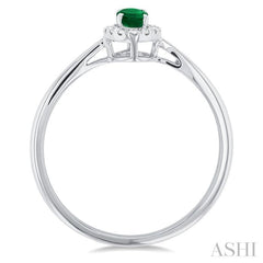 5x3 MM Oval Shape Emerald and 1/20 Ctw Single Cut Diamond Halo Precious Ring in 14K White Gold