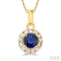 3.25 MM Round Sapphire and 1/20 Ctw Single Cut Diamond Halo Precious Pendant with Chain in 14K Yellow Gold