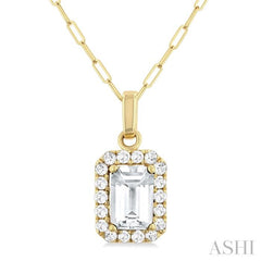 6x4 MM Octagonal Shape White Topaz and 1/6 Ctw Round Cut Diamond Halo Semi-Precious Pendant with Chain in 14K Yellow Gold