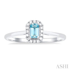 5x3 MM Octagonal Shape Aquamarine and 1/20 Ctw Single Cut Diamond Halo Semi-Precious Ring in 14K White Gold