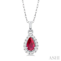 5x3 MM Pear Shape Ruby and 1/20 Ctw Single Cut Diamond Halo Precious Pendant with Chain in 14K White Gold