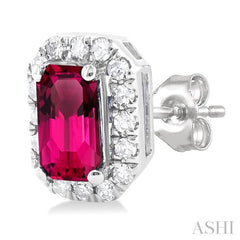 5x3 MM Octagonal Shape Pink Tourmaline and 1/8 Ctw Single Cut Diamond Halo Semi-Precious Stud Earrings in 14K White Gold