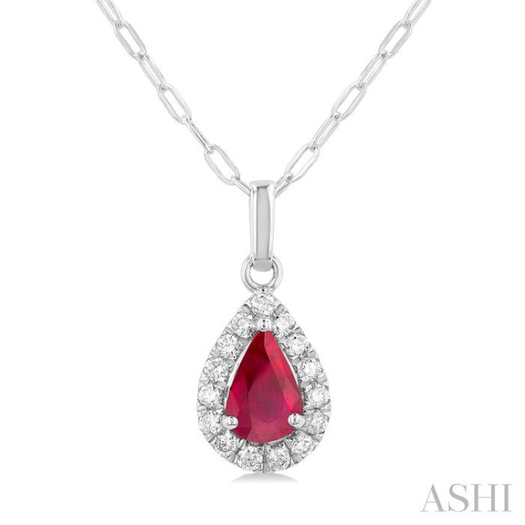 6x4 MM Pear Shape Ruby and 1/6 Ctw Round Cut Diamond Halo Precious Pendant with Chain in 14K White Gold