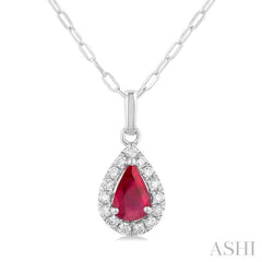 6x4 MM Pear Shape Ruby and 1/6 Ctw Round Cut Diamond Halo Precious Pendant with Chain in 14K White Gold