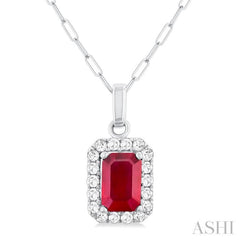 6x4 MM Octagonal Shape Ruby and 1/6 Ctw Round Cut Diamond Halo Precious Pendant with Chain in 10K White Gold