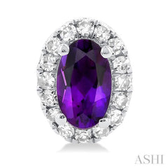 5x3 MM Oval Shape Amethyst and 1/8 Ctw Single Cut Diamond Halo Semi-Precious Stud Earrings in 14K White Gold