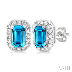 5x3 MM Octagonal Shape Blue Topaz and 1/8 Ctw Single Cut Diamond Halo Semi-Precious Stud Earrings in 14K White Gold