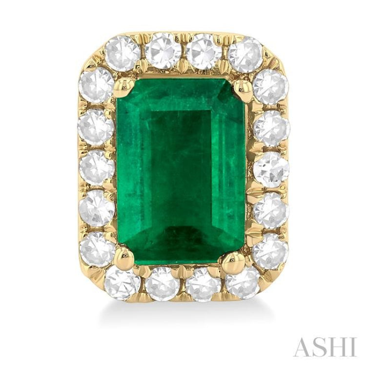 6x4 MM Octagonal Shape Emerald and 1/4 Ctw Round Cut Diamond Halo Precious Stud Earrings in 14K Yellow Gold