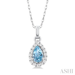 5x3 MM Pear Shape Aquamarine and 1/20 Ctw Single Cut Diamond Halo Semi-Precious Pendant with Chain in 14K White Gold