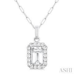 6x4 MM Octagonal Shape White Topaz and 1/6 Ctw Round Cut Diamond Halo Semi-Precious Pendant with Chain in 10K White Gold