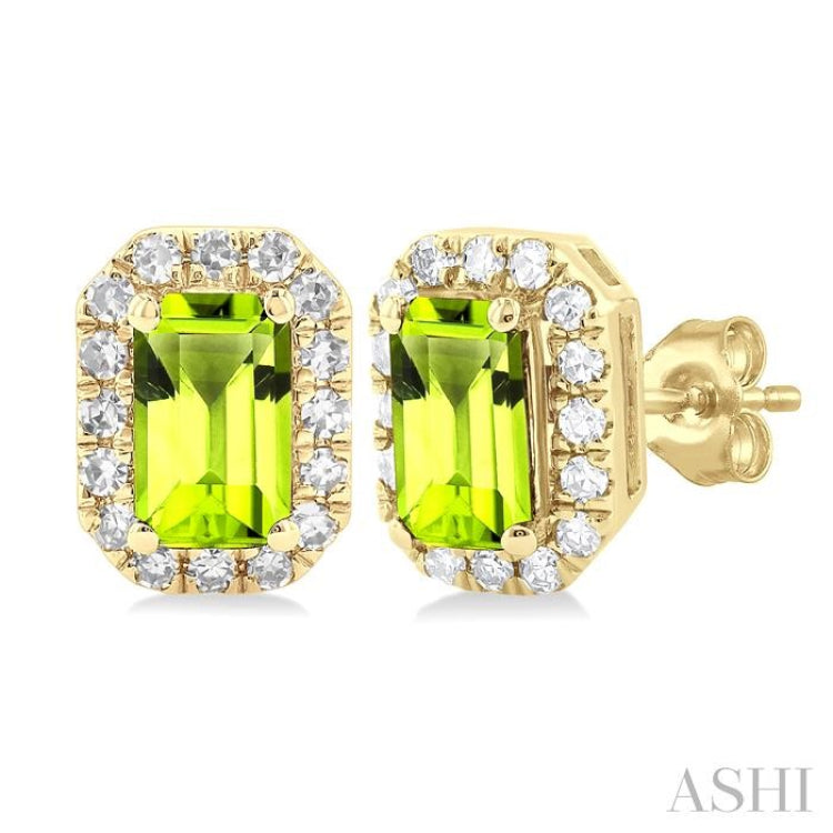 5x3 MM Octagonal Shape Peridot and 1/8 Ctw Single Cut Diamond Halo Semi-Precious Stud Earrings in 10K Yellow Gold