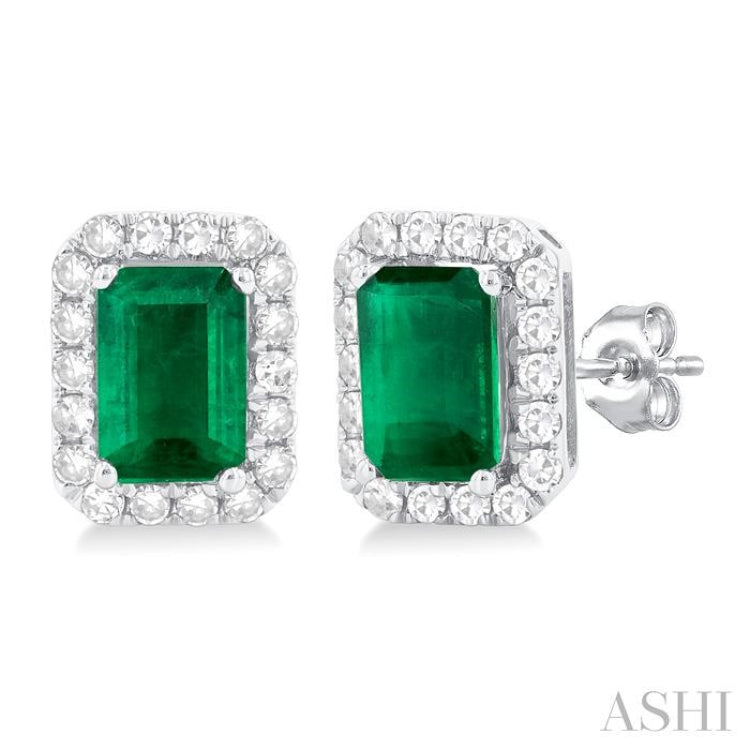 6x4 MM Octagonal Shape Emerald and 1/4 Ctw Round Cut Diamond Halo Precious Stud Earrings in 14K White Gold