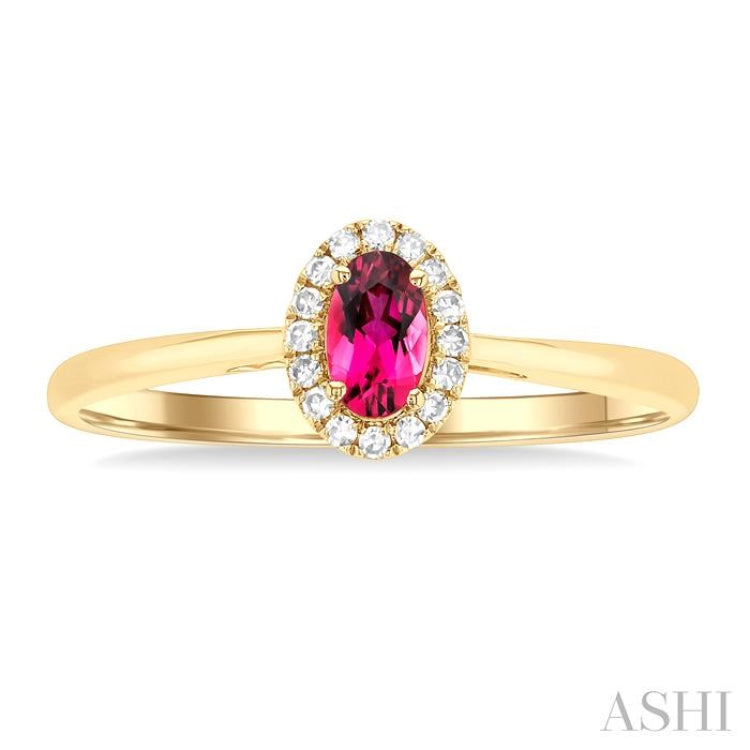 5x3 MM Oval Shape Pink Tourmaline and 1/20 Ctw Single Cut Diamond Halo Semi-Precious Ring in 10K Yellow Gold