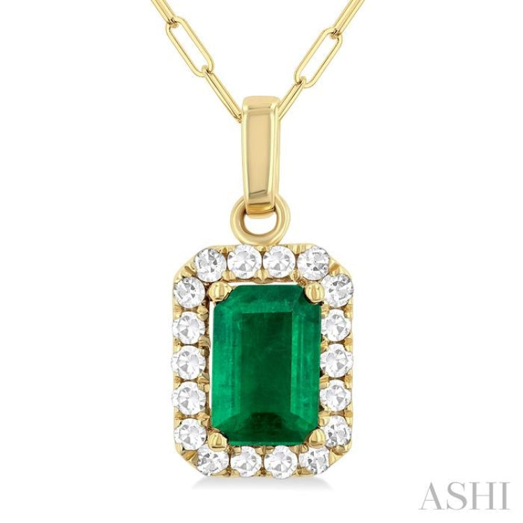 6x4 MM Octagonal Shape Emerald and 1/6 Ctw Round Cut Diamond Halo Precious Pendant with Chain in 10K Yellow Gold